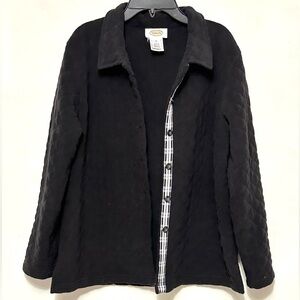 Talbots Black Quilted Waffle Fleece Button Up Jacket PS